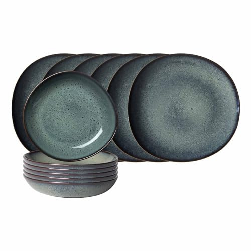 like. by Villeroy & Boch Lave Gris Tafel-Set 12-teilig, Tafelservice aus Speisetellern (28 cm) und Suppenschalen (21 cm) für 6 Personen, Steingut, Grau