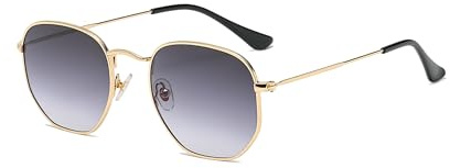 WDZAYXC Klassische polygonale geprägte Design Sonnenbrille mit Metallrahmen für Herren und Damen, UV-Schutz(Gold/Hellgrau)