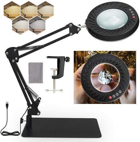 10X Magnifying Glass with Light and Stand, 5-Color Mode, Seamless Dimming, Adjustable Arm, 4.3” Genuine Glass Lens - Ideal LED Magnifying Lamp for Reading, Work, and Hobbies (USB Power)