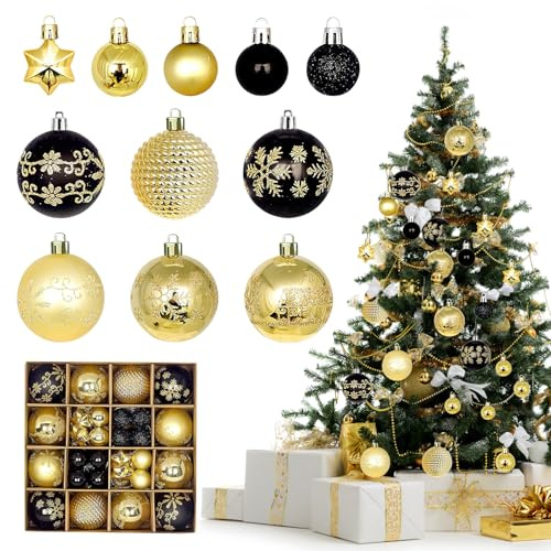 HYran Palline di Natale, 44 Pezzi Decorazioni Albero di Natale, Palline di Natale Rosse Bianche Oro Nero, Decorazioni Natalizie per la Casa, Decorazioni Natalizie (Nero+Oro)