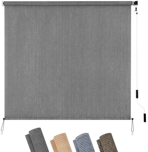 KELIXU Patio Shades Roll Up Outdoor Blind, 96 W x 96 H Cordless Sun Shade Privacy Screen with 90% UV Protection Exterior Roller Shade Cloth for Porch Pergola Backyard Windows Balcony, Gray