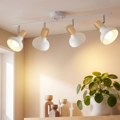 Deboola Deckenstrahler 4 Flammig Deckenleuchte Vintage - Deckenlampe | Wohnzimmer Weiß Strahler Innen E14 Deckenspots Metall Industrial 350 Schwenkbar Spots für Flur Schlafzimmer Ohne Leuchtmittel