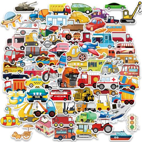 200PCS Vehicle Stickers for Kids – Cars, Trucks, Buses & More | Waterproof Glossy PVC | Cute Cartoon Transportation Stickers for Boys, Girls, Scrapbook, Laptop, Water Bottle