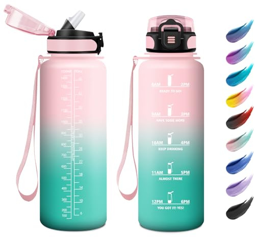 Borraccia 1.5L, Borraccia Motivazionale, Borraccia Sportiva con Filtro, a Prova di Perdite, Facile Pulizia, Bottiglia Acqua con Indicatore del Tempo per Adulto, Palestra, Lavoro, Escursionismo