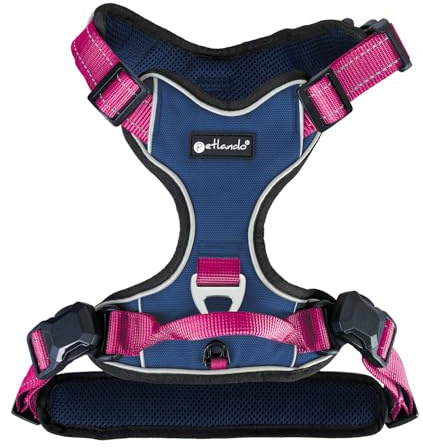 Petlando Hundegeschirr Magnetech– Innovative Magnetschnalle, mit Griff, Zwei D-Ringe, reflektierend, atmungsaktiv – Navy/Fuchsia, M (Halsumfang 42-54cm, Brustumfang 56-68cm), mittelgroße Hunde