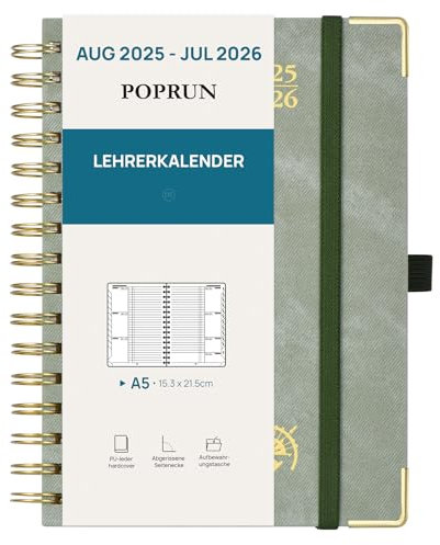 POPRUN Lehrerkalender 2025 2026 Ringbuch DIN A5 - Lehrerplaner 25/26 für die Unterricht mit Monatliches Register. Schulplaner mit PU-Leder Hardcover für Lehrerinnen und Lehrer - Olivgrün