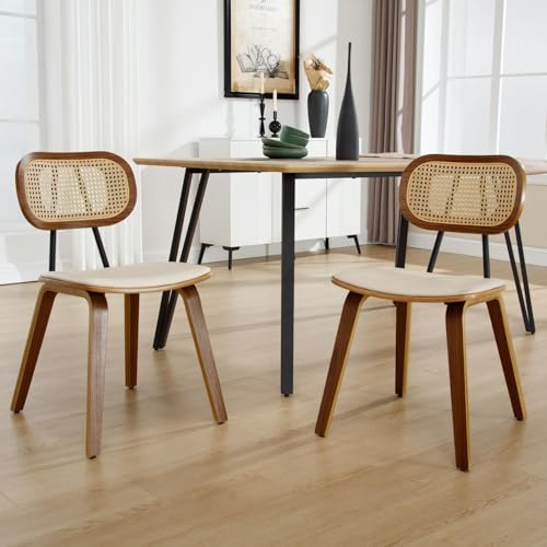 Ya-Home Rattan Esszimmerstühle 2er Set Küchenstuhl mit Holzbeinen Rattanstuhl Sitzfläche aus Kunstleder Polsterstuhl für Esszimmer, Beige