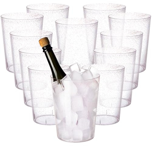 12 Pack Disposable Plastic Ice Bucket For Parties, Rose Gold Glitter Clear Wine Cooler for Wedding, Good as One Large Champagne Chiller Or Classic Wine Bottle Chiller