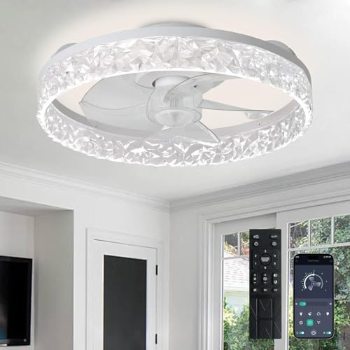 Depuley Ventiladores de techo de 16 pulgadas con luz: Ventilador de techo empotrado LED con control mediante aplicación - Luz regulable para ventilador de dormitorio - Blanco