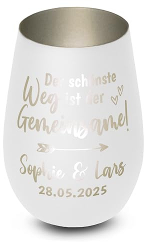 Windlicht personalisiert „Der schönste Weg ist der Gemeinsame!“ - Glas mit Gravur - Liebesgeschenk für Paare, Geschenk zum Jahrestag, zur Hochzeit für Brautpaar, Deko - Weiß, innen Silber
