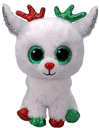 TY Beanie Boos – Snowdrop das Weihnachtsrentier mit großen grünen Augen und Glitzer, das Plüschtier mit großen glitzernden Augen – 15 cm – T37383