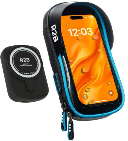 R2B Wasserdichte Handyhalterung Fahrrad mit Powerbank passend für Magsafe - Mit Zusätzlichem Staufach, Telefonhalter für Mountainbikes, Motorrad und Kinderwagen, 360-Grad-Rotationsfunktion, Einfache