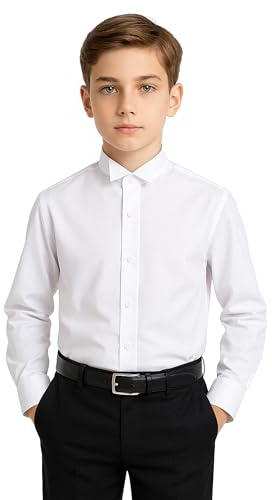 Camisa de Esmoquin de Corte Entallado con Cuello Italiano y bragueta de ala para niño - Mezcla de algodón de Manga Larga en Blanco