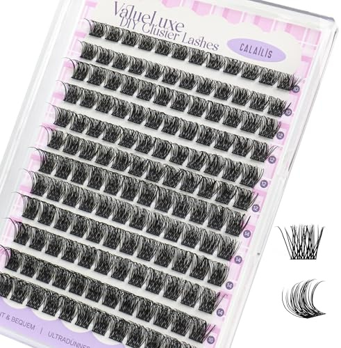 CALAILIS Wimpern Extensions 144 Pcs D Curl DIY Einzelne Wimpern Mega Volume und Wiederverwendbare Wispy Cluster Lashes Super Thin Band und Weich Comfotable den ganzen Tag (W04)