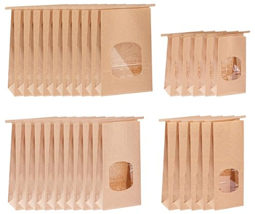 30 Stück Samentütchen Papiertüten Klein mit Fenster Braun, 4 Größen | Kraftpapier Tüten Kleine Papiertüten mit Verschlussclips Brottüten für Bonbons Saatgut Aufbewahrung Adventskalender