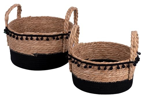 Set 2 ceste in fibra naturale e pompon, con impugnature, Natural