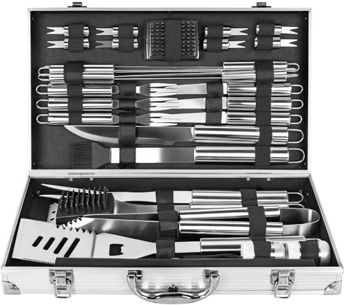 OUUTMEE 30pcs Grillset mit Aluminiumkoffer Edelstahl Grillbesteck Set,Enthält Grillschaufel, Grillgabel, Grillzange, Grillmesser, Saucenpinsel Outdoor Camping Grillwerkzeuge