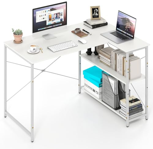 COSTWAY Escritorio de Esquina 118 x 86 cm, Escritorio en Forma de L para Ordenador, Mesa Gaming Reversible con Estante Ajustable, Estructura de Acero Resistente, para Estudio, Hogar, Oficina (Blanco)