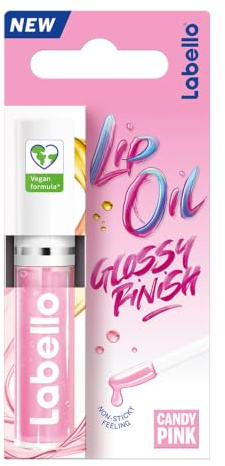 Labello Caring Lip Oil Candy Pink, zart glänzendes Lippenöl mit 100% natürlichen Ölen, vegane* Lippenpflege für ein glossy Finish (5,5 ml)