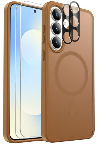 for Samsung Galaxy S25 FE Case Magnetic Shockproof, Fit for MagSafe, with Screen Protector X2 + Camera Lens Protector X2, Translucent Anti-Fingerprint Case for Samsung Galaxy S25 FE (Brown)