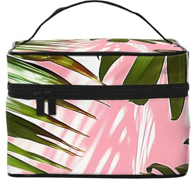 Trousse de maquillage de voyage avec feuilles de palmier vertes - Organiseur de toilette portable avec compartiments zippés pour pinceaux, bouteilles et soins de la peau