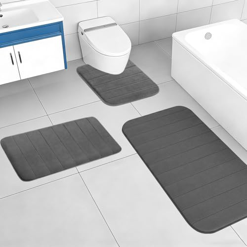 CEWROM Badematte Set 3-teilig aus Memory Foam, Mikrofaser Badezimmerteppich Set, Weiche Memory-Schaum Badematte und U Förmige wc Vorleger, Badezimmer Teppiche U50x60+80x50+120x50cm
