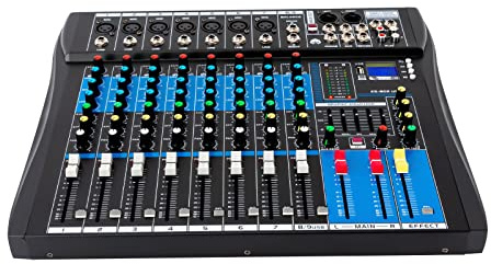 Mezclador de audio de 8 canales, mini mesa de mezclas con Bluetooth/USB, alimentación fantasma de 48 V y ecualizador de 5 bandas, mezclador estéreo de DJ para estudio, grabación en directo, karaoke