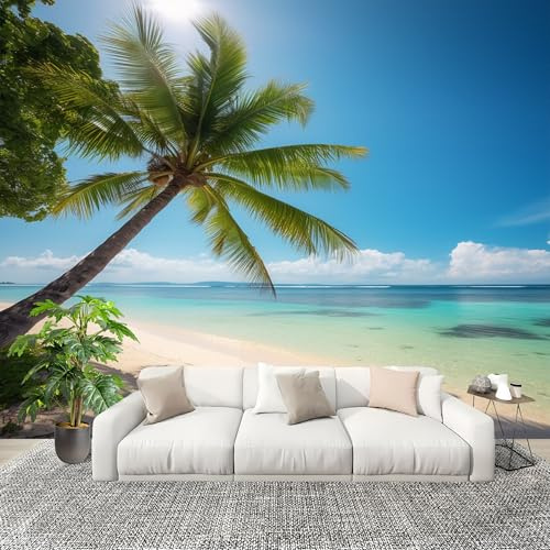 Fotomurales 250x175 cm Tropical Playa Paisaje Decoración Muro Murales Papel Pintado tejido no tejido Azul Moderna Panoramico Fotográfico Adhesivos Impermeable Papel Tapiz
