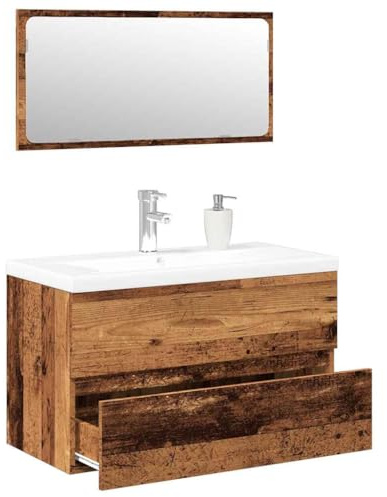 Foknhdi Set di mobili da bagno, 80 cm, in legno vecchio vintage, con lavabo in ceramica e specchio, montaggio a parete, per piccoli bagni e ospiti