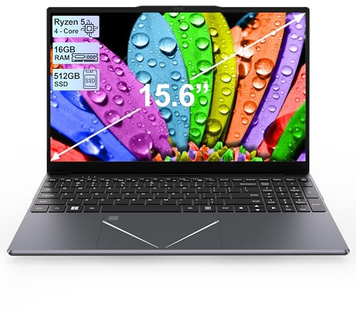 15.6 Inch Laptop, Quad-Core Ryzen 5 Up to 3.7GHz (Beat N95 N5095), 16GB RAM, 512GB SSD, Full HD IPS, Laptop Computer with Fingerprint Unlock Support 2.4G/5G WiFi, BT5.0, Type-C, USB3.0, Mini HDMI
