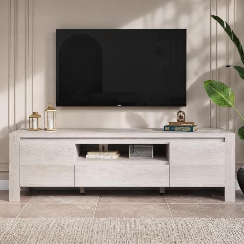 GarveeHome Einteilige Schwerlastausführung 1.6m TV Lowboard Landhausstil | Medienmöbel mit Türen, Schrank, verstellbaren Regalböden, markenresistent, Kabelmanage, Fernseher bis 70 Zoll, Rohholz Esche