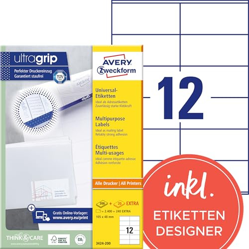 AVERY Zweckform 3424-200 Adressaufkleber (2.400 plus 240 Klebeetiketten extra, 105x48mm auf A4, individuell bedruckbare Absenderetiketten, selbstklebende Adressetiketten mit ultragrip) 220 Blatt, weiß