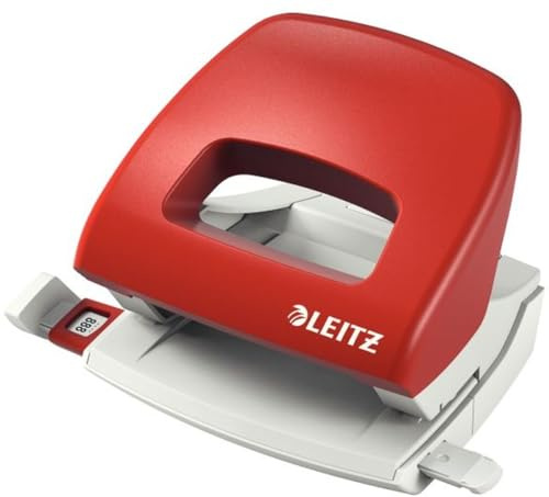 Leitz Kleiner Büro Locher aus Metall, 16 Blatt, Anschlagschiene mit Formatangaben, Ergonomisches Design, rot, 50386025