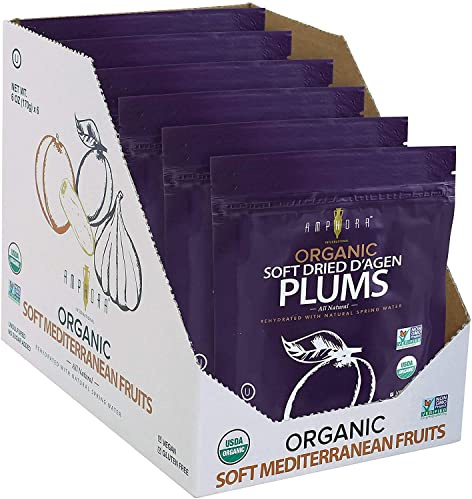 Amphora All Natural Organic Soft Dried Plums gluten free vegan health snack dried fruit, 6 Oz Each ( Pack of 6)