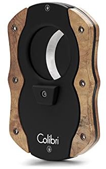 Colibri Cut - Doppel-Guillotine - Zigarrenschneider - Schwarz mit hellen Holzakzenten - Federauslöser - Bis zu 62 Ringmaß-Zigarren - Ergonomisches Design - Inklusive Geschenkbox