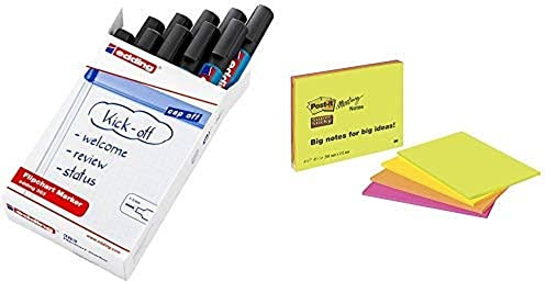 Edding 383 Flipchart Marker , 10 Stück schwarz & Post-it Super Sticky Meeting Notes extragroße Haftnotizen in 203 x 152 mm – 4 Notizblöcke à 45 Blatt in Neon Grün & Orange, Ultra Pink & Gelb