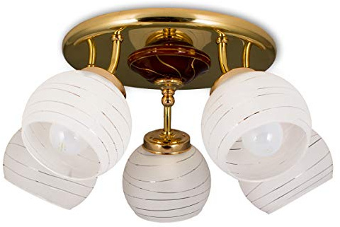 Helios Leuchten 1645151 Deckenleuchte Deckenlampe Messing | klassische Lampe Leuchte poliert | Wohnzimmerlampe Glas weiß | Schlafzimmerlampe 5 flammig