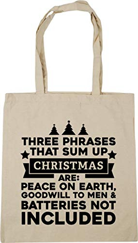 Hippowarehouse Three phrases that sum up Christmas are: Peace on Earth, Goodwill to Men and Batteries not Included Tote Shopping Gym Beach Bag 42cm x38cm, 10 litres