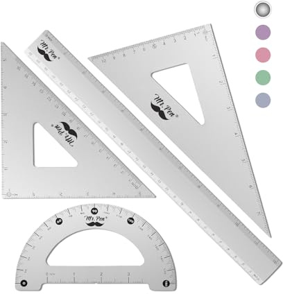 Mr. Pen Metallgeometrie-Set, 4 Stück, Geodreieck, Winkelmesser, Aluminium-Lineal, Zeichendreiecke