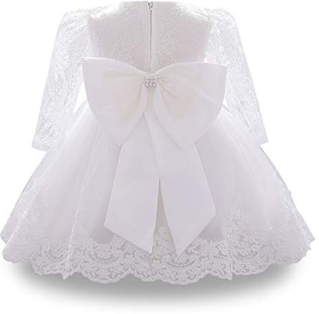 WOCINL Baby Girls Christening Long Sleeve Lace Bowknot Dresses Princess Wedding Birthday Pageant Party Baptism Tutu Gown White 6-9M