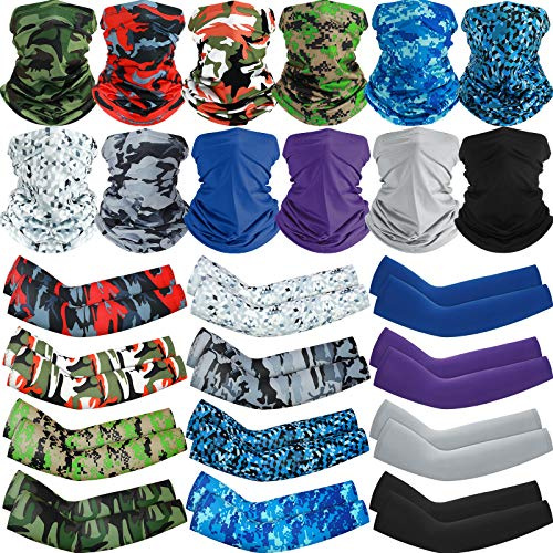 12 Sets UV Protection Face Covering Neck Gaiter Scarf and Ice Silk Cooling Arm Sleeves for Summer (Solid Color and Camouflage)