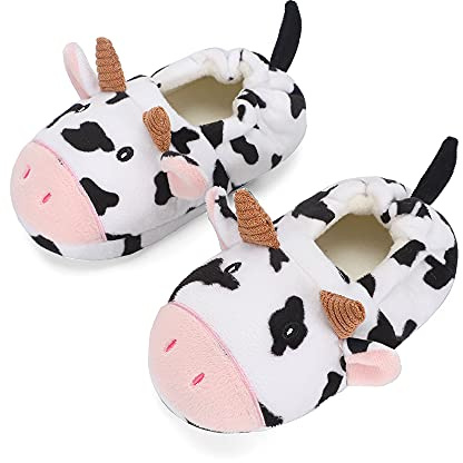 LACOFIA Toddler Girls Novelty Plush Slippers Children Anti-Slip Winter Home Slippers Kids Animal Shoes Cow 7/8