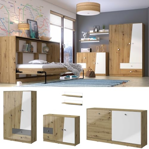 QMM Jugendzimmer Kinderzimmer komplett Neo Set D Schrank 3-türig Kommode Wandregale Schrankbett horizontal Farbauswahl (Grau Hochglanz)