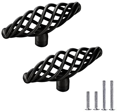 CcHhyyt 2 Stück Antiker Vogelkäfig Schrankknopf Vintage Metall Schwarz Möbelknauf mit Schrauben Runde Oval Möbelknöpfe Griffe für Büro Möbel, Küchenschrank, Schubladen Knöpfe (75mm, Schwarz)