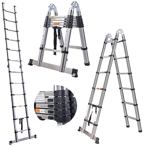 5M/16.4FT Stainless Steel Telescopic Ladder, Portable Folding Extension Ladder A Frame, 2.5M+2.5M Loft Ladder Multi-purpose for Home RV, EN131, Max Load 150kg/330lb