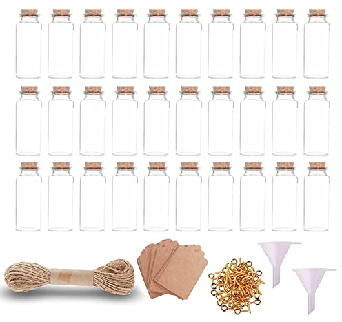 ASOENTIWOX ​Reagenzgläser mit Korken, 30 Stück 10ml Mini Glasfläschchen, Reagenzglas mit Korken für Gastgeschenk Hochzeit Dhochzeit Deko, Mit 10m Hanfseil, 30 Etikettenkarten, Zum Befüllen mit Sand