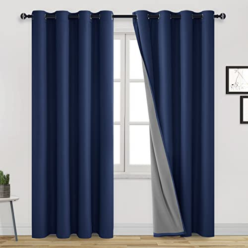 DWCN 100% Blackout Curtain Navy Blue Curtains 84 Inch Lenghth 2 Panels Total Blackout Window Curtain for Bedroom Living Room Noise Reducing (Navy Blue,52 W x 84 L)