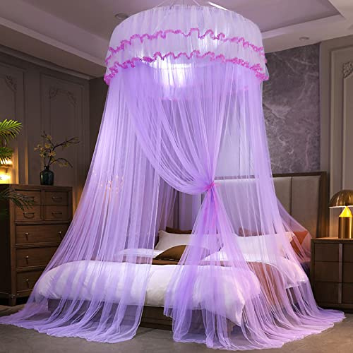 GroßE Romantische Moskitonetz Doppelbett 1.2M Kuppel, Prinzessin Spitze Bett Baldachin Kostenlose Installation Zum Single Zu King Size Betten Schlafzimmer Dekorative,Violett