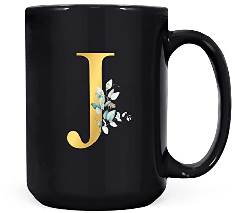 Tazza da caffè in ceramica con lettera J personalizzabile, regalo personalizzato, stampa effetto oro, non metallica, tazza da caffè in ceramica per uomini o donne, tazza extra large e gigante, tazza