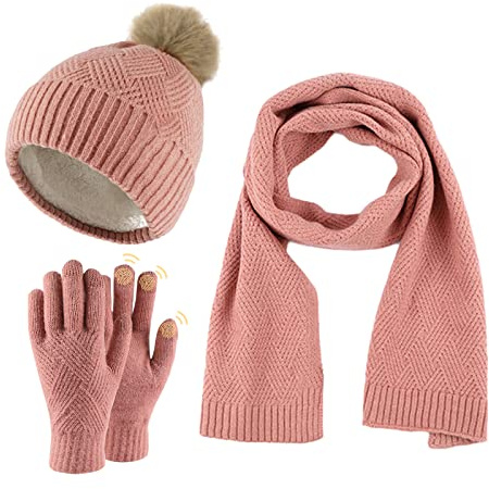 Damen Bommelmütze, Schals, Handschuhe, Set, Thermo, Winter, warm, Strickmütze, Halswärmer und Touchscreen-Handschuhe, Unisex